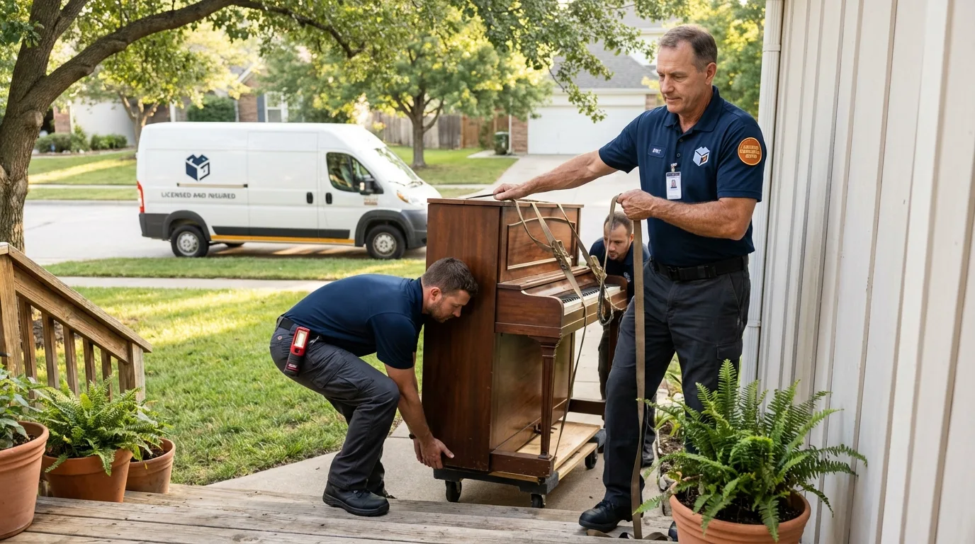 Licensed piano movers securing grand piano in Sumner, WA