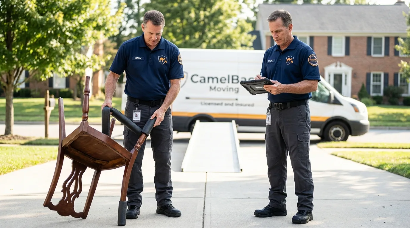 Movers inspecting furniture for damage prevention before loading in Sumner, WA