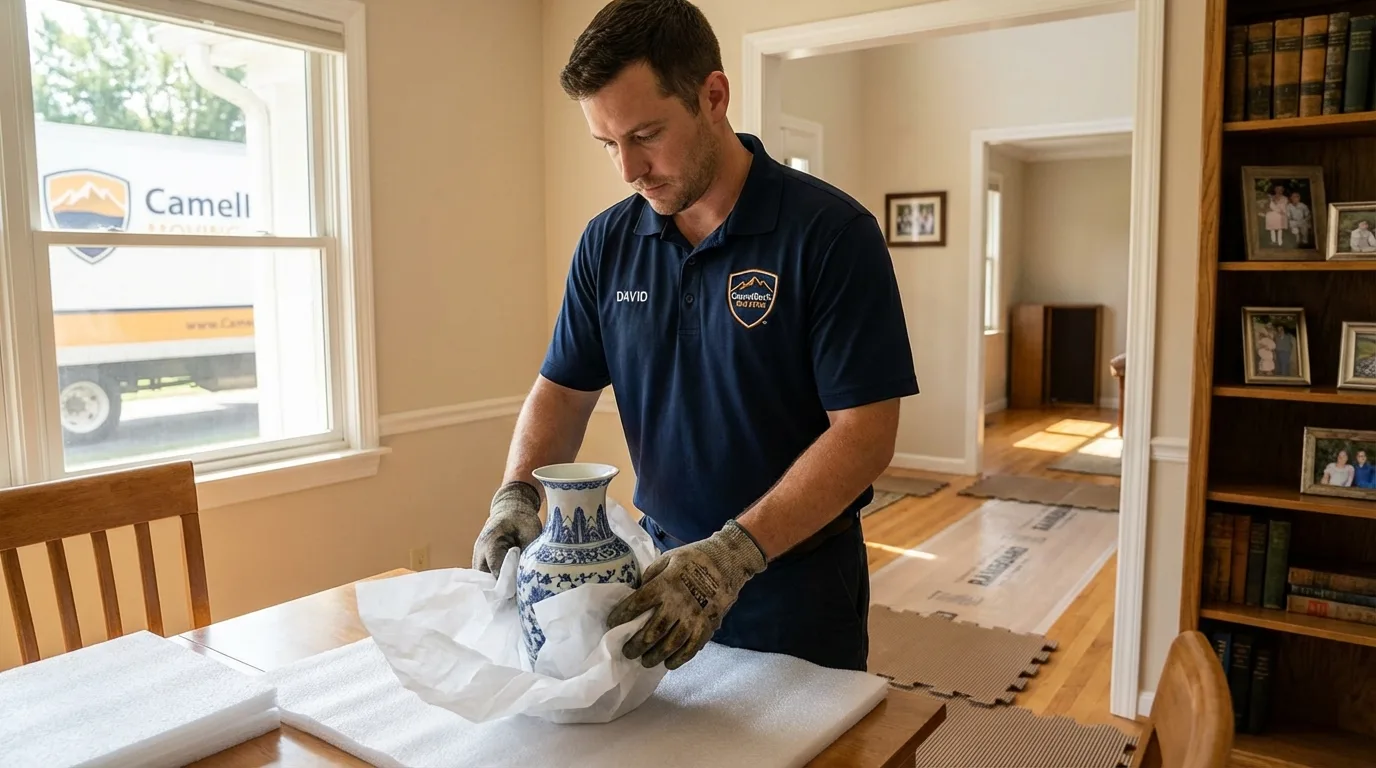 Professional crew carefully wrapping antique vase for senior downsizing move in Sumner, WA